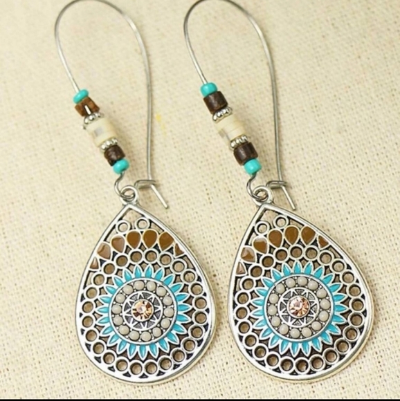 Boho Beaded Turquoise Drop Hoop Earrings - Picture 4 of 4